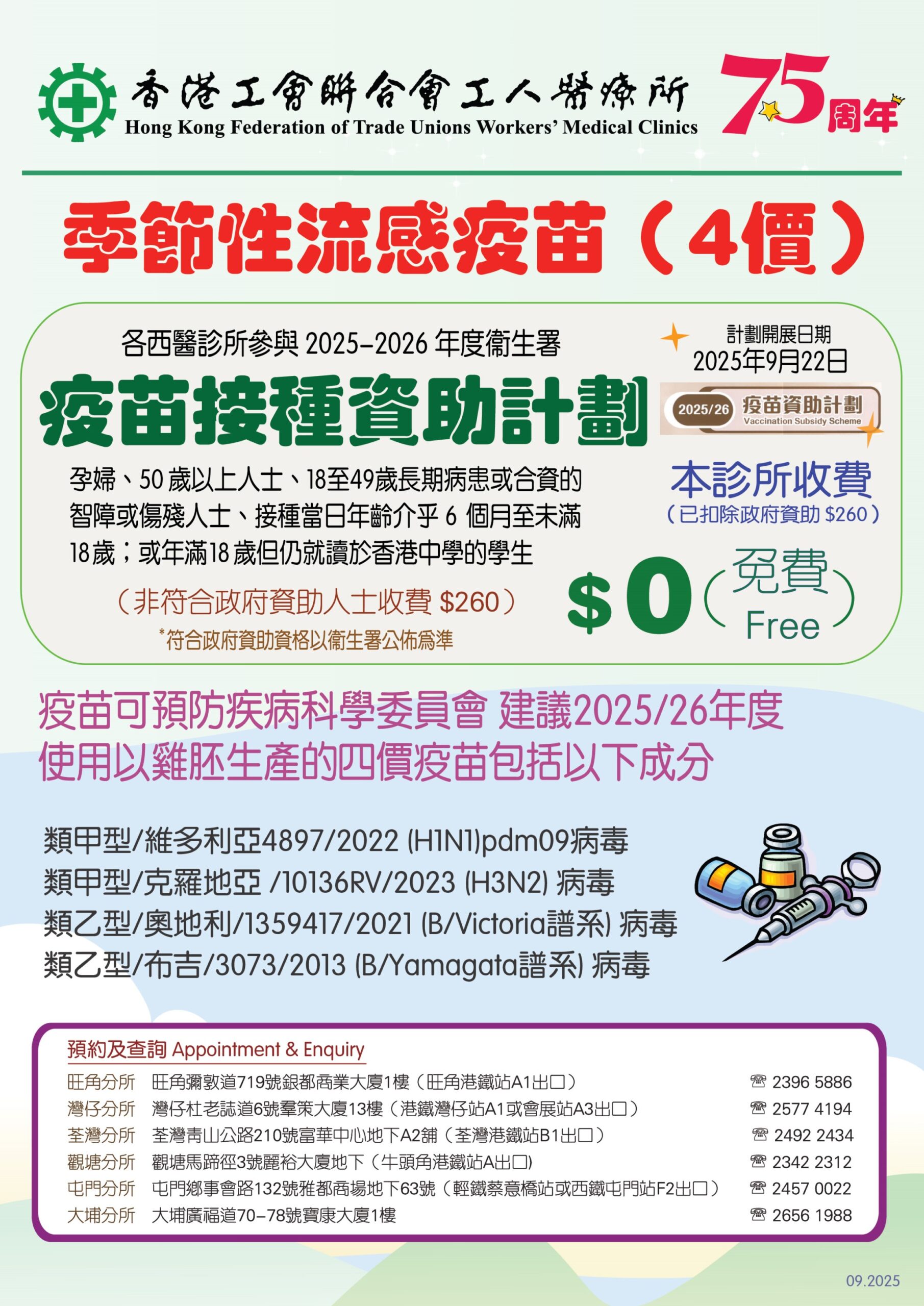 工人醫療所 季節性流感疫苗（4價）及 疫苗接種資助計劃 2025